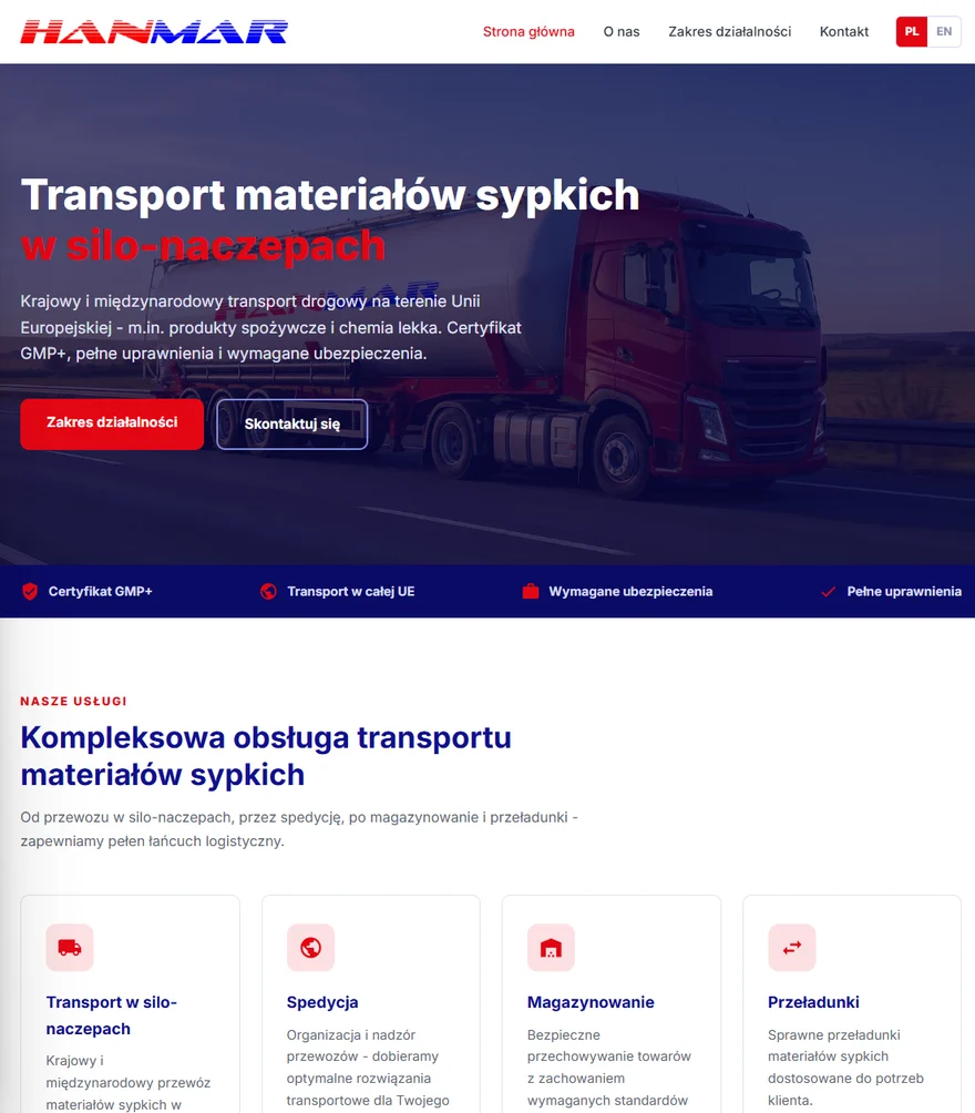 Dwujęzyczna strona firmy transportowej HanMar - transport materiałów sypkich